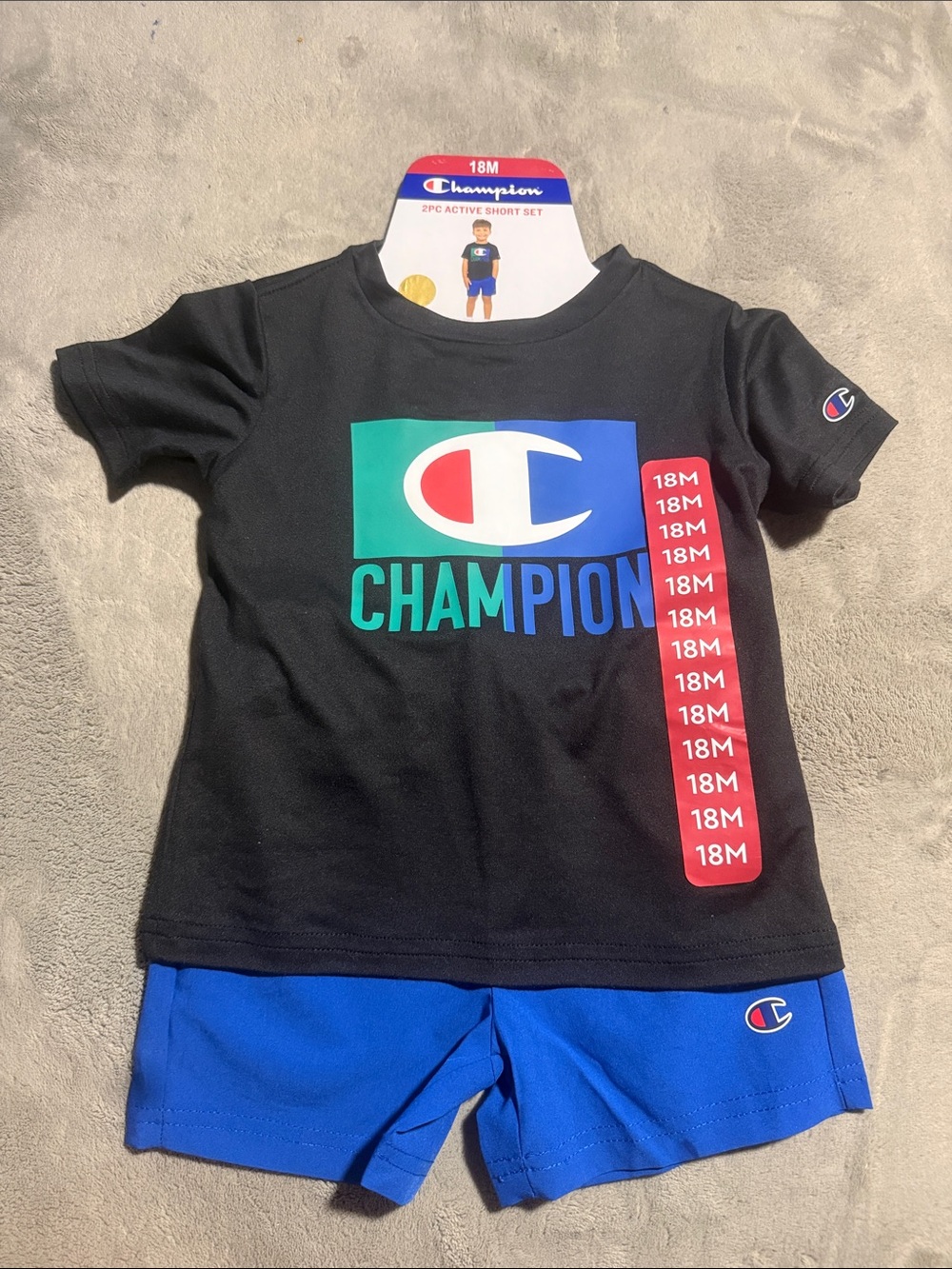 Champion Black Tee with Multicolor Logo & Blue Shorts